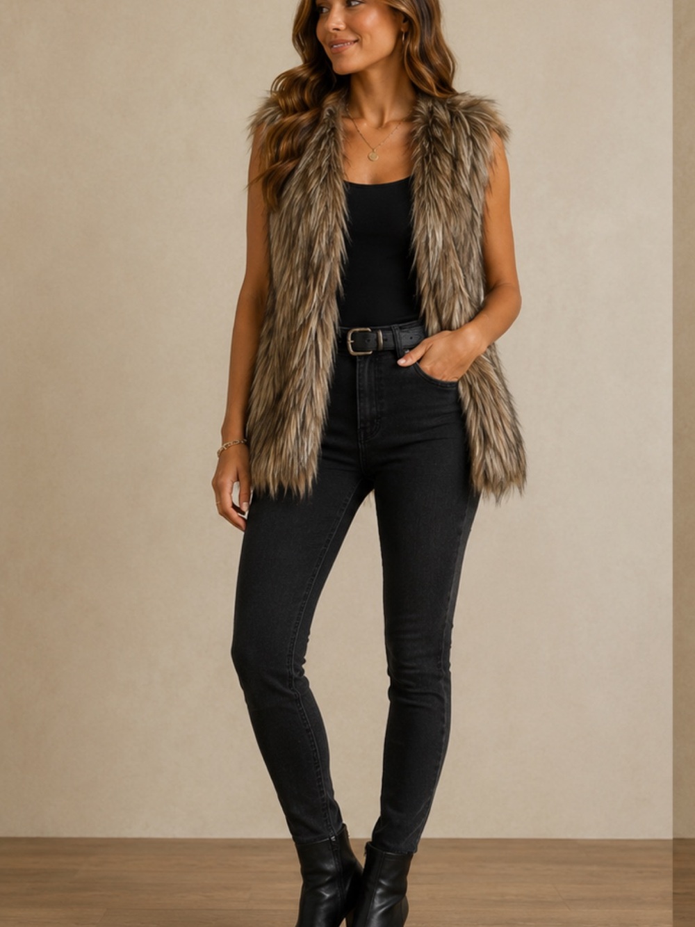Dynamite Taupe & Beige Faux Fur Vest